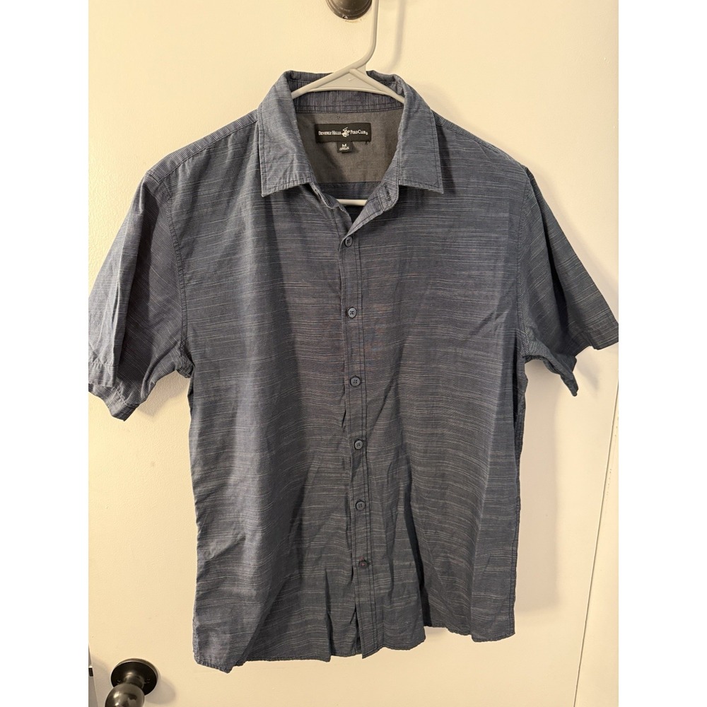 Beverly Hills Polo Club Mens Medium Navy Blue Striped Short Sleeve Button Down